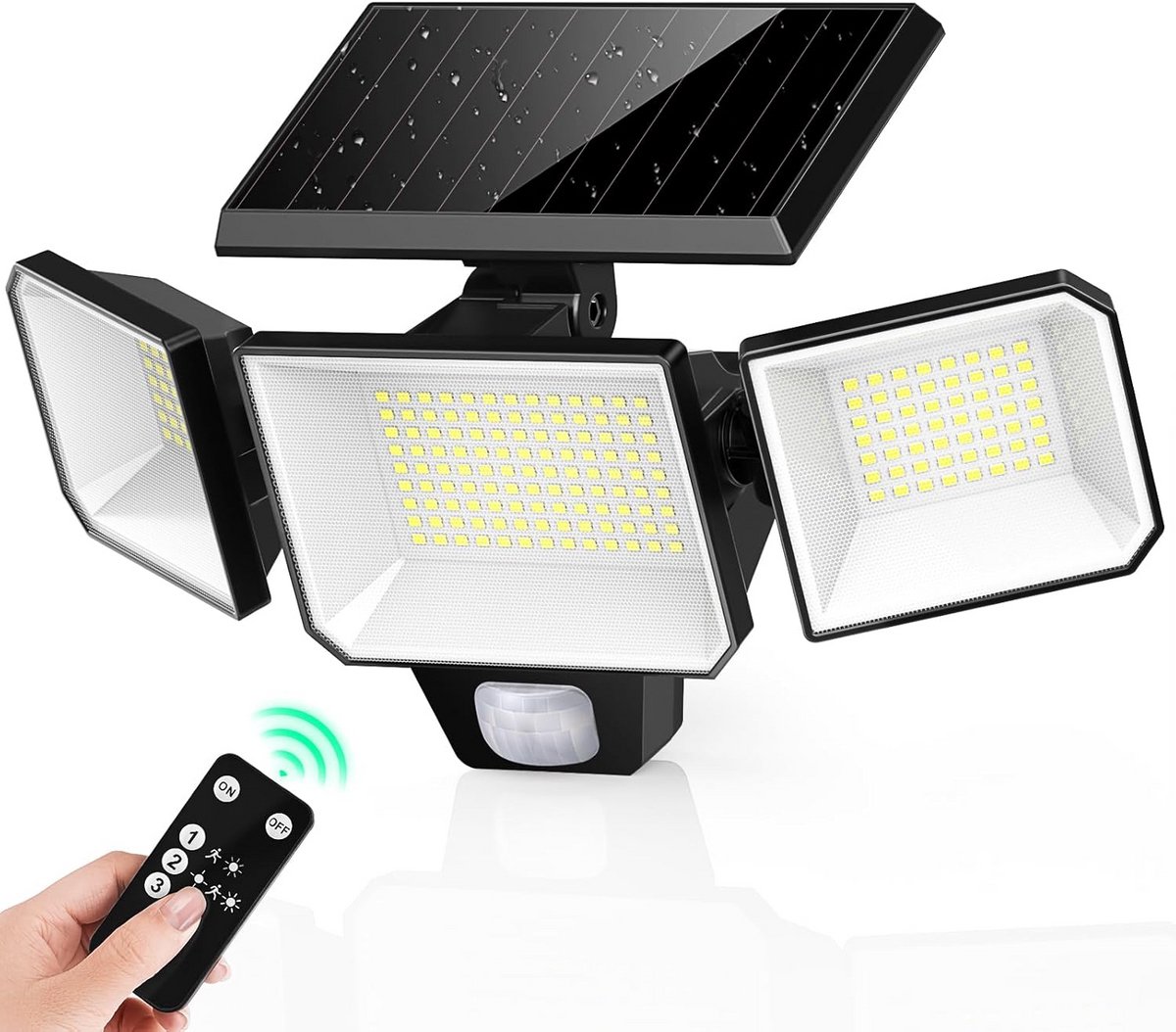 FOMYHEARD Zonnelamp voor buiten, bewegingsmelder, 229 leds, zonnelamp voor buiten, met afstandsbediening, draaibare kop, verlichting hoek 270 graden, 3 modi, IP65, waterdicht, zonnelamp voor tuin