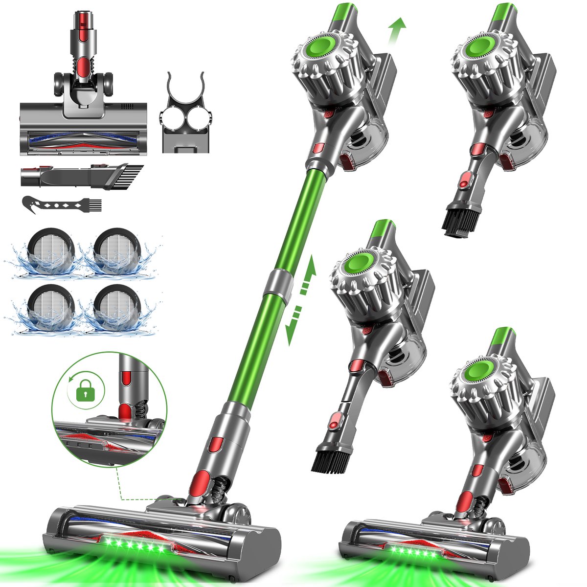 Fukstern Steelstofzuiger Draadloos – 38KPa Krachtige Zuigkracht – Tot 60 Min Accuduur – Anti-Klit Vloerborstel – 4-voudig HEPA-Filtersysteem – 1,6L Stofreservoir – Groen Licht & Hygiënische Reiniging – groen