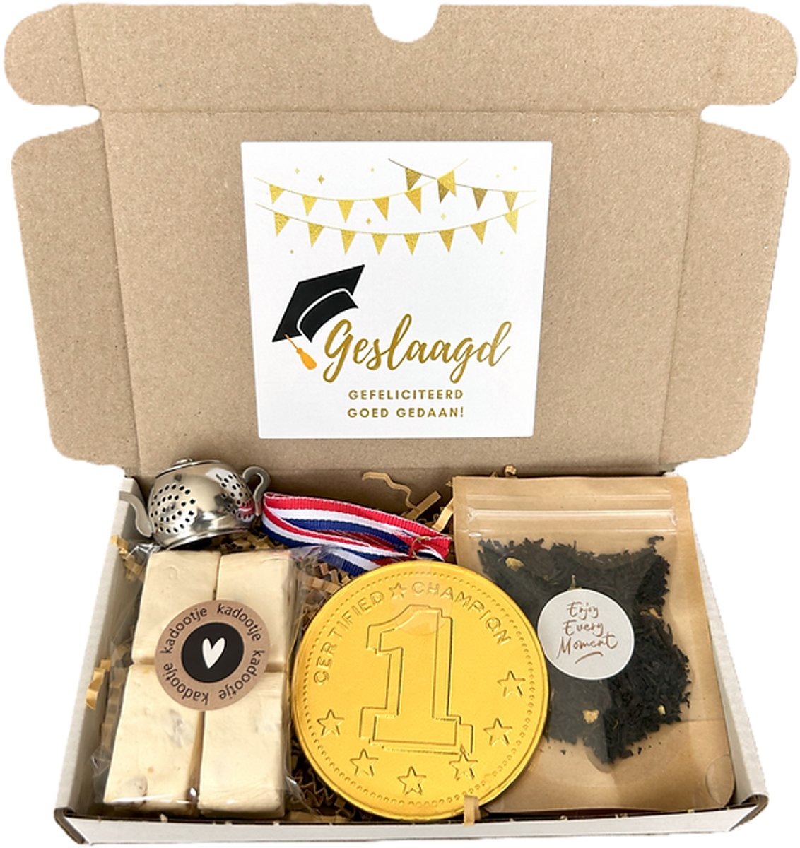 Geslaagd thee mini brievenbus cadeau - geslaagd - thee - noga - chocolade - medaille
