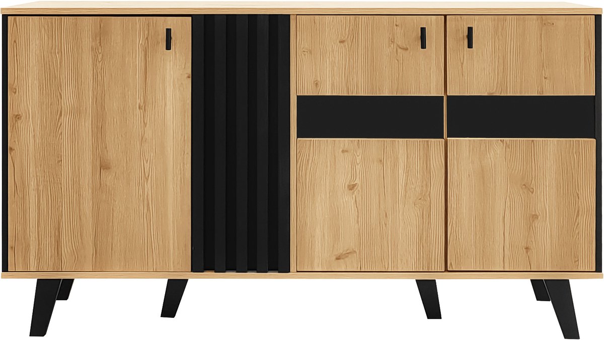 Dressoir van 140 x 78,5 x 41 cm, een dressoir met een kleurgecoördineerd design, gemaakt van hout en zwart, met opbergruimte, een kast met ledverlichting en glas, veelzijdig in gebruik.