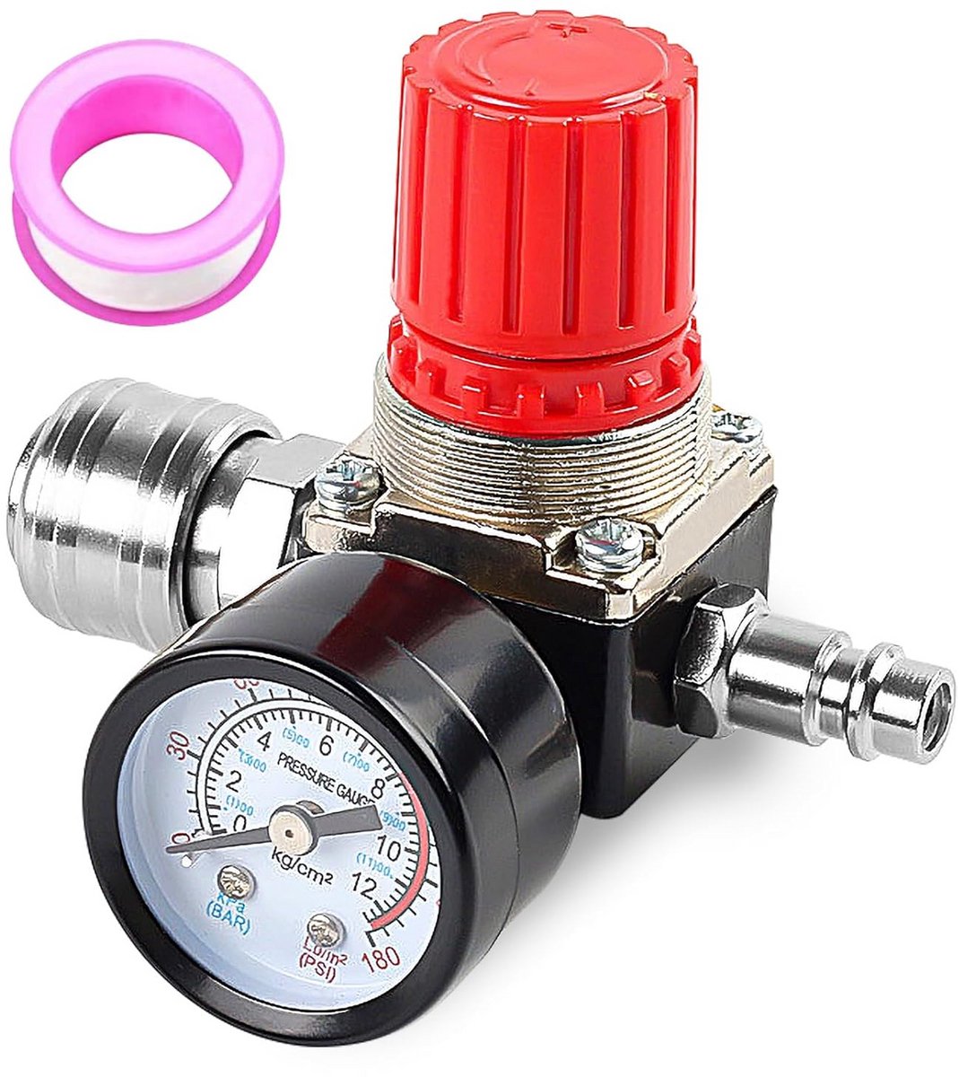 Drukregelaar Perslucht met Manometer en Teflon Tape, 1/2 en 1/4 Inch