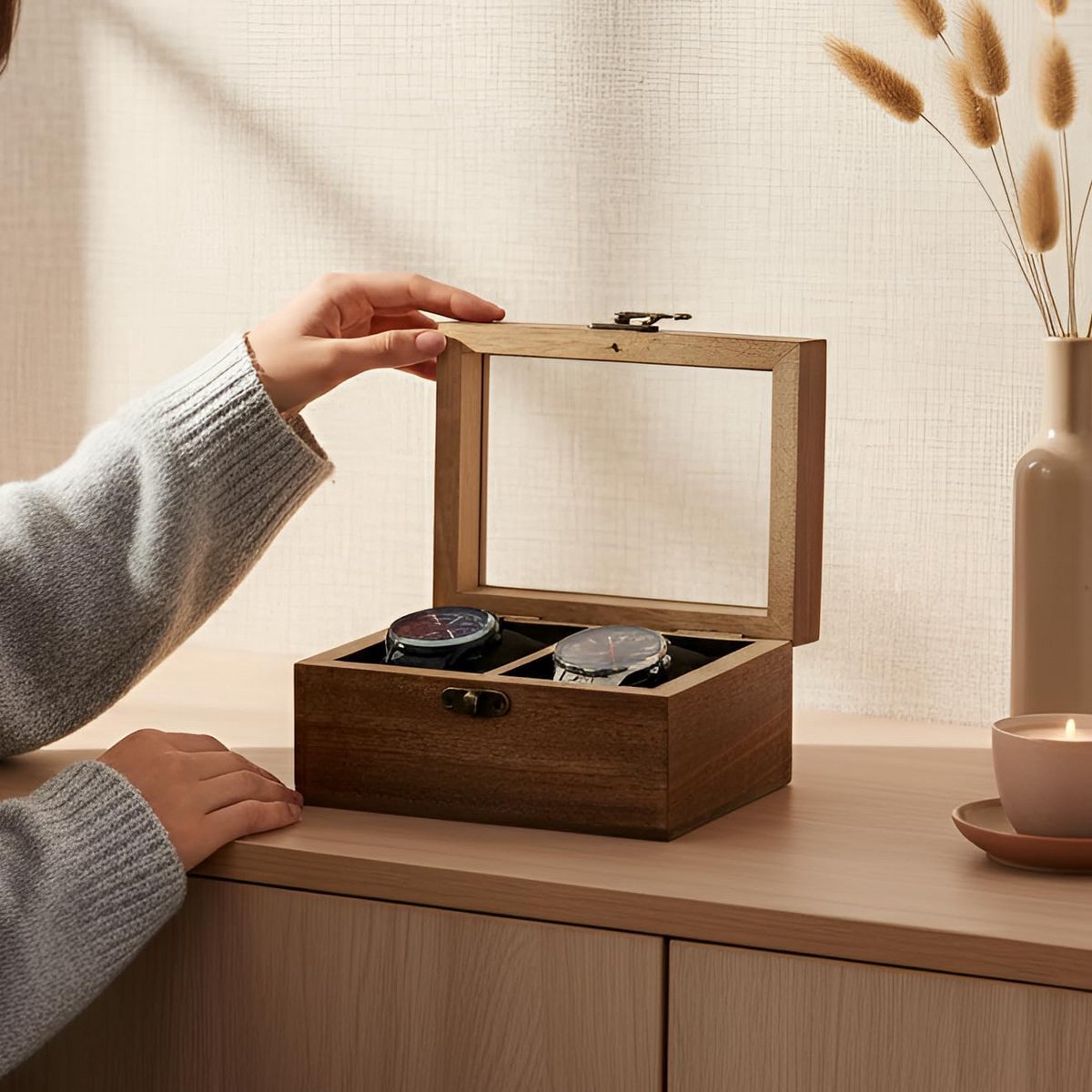 Vintage Houten Horlogedoos met Glazen Deksel - Opbergkist voor 2 Horloges