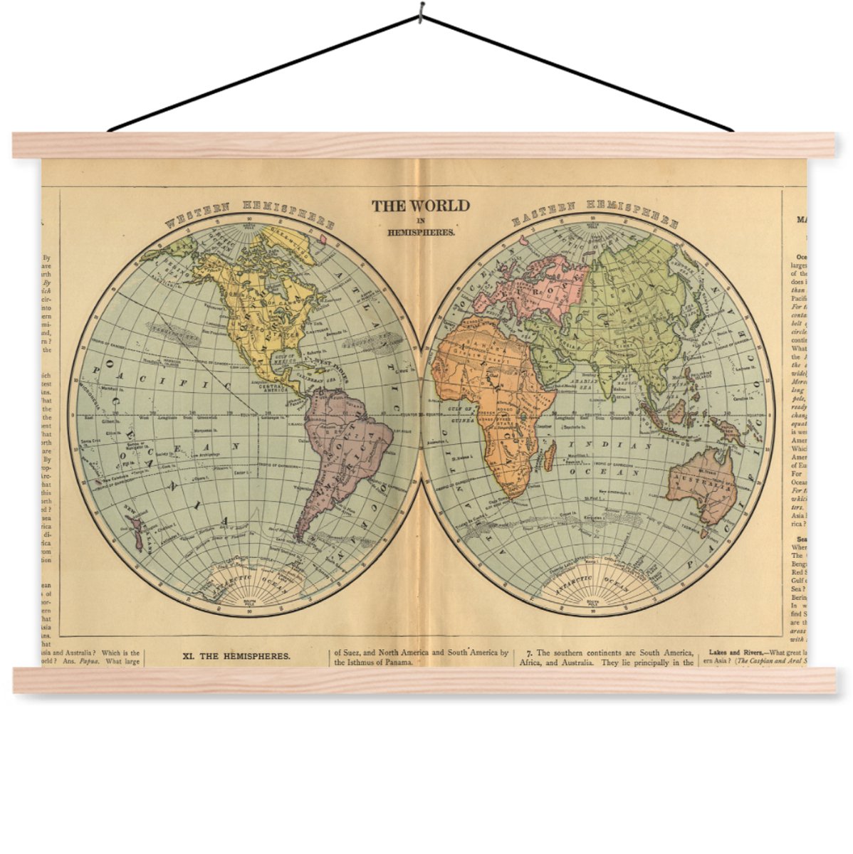 Posterhanger incl. Poster 150x100 cm - Schoolplaat - Antieke wereldkaart westelijk en oostelijk halfrond - Textielposter - Blanke latten