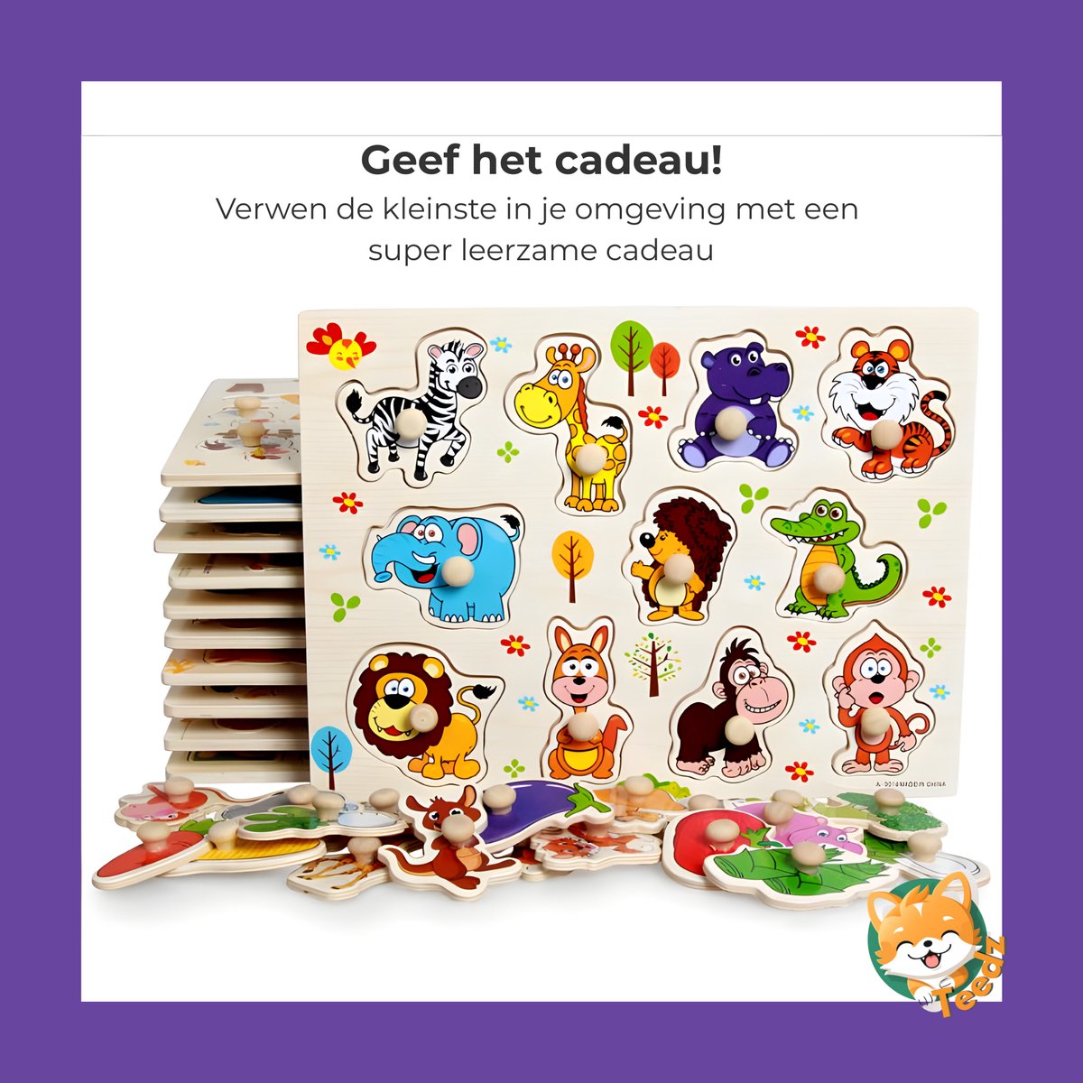 Dieren - Houten puzzels voor kinderen 1 jaar / 2 jaar / 3 jaar - Educatief speelgoed - Cadeau jongen / meisje - Baby / Dreumes / Peuter - Traktatie - Uitdeelcadeaus — afbeelding 2