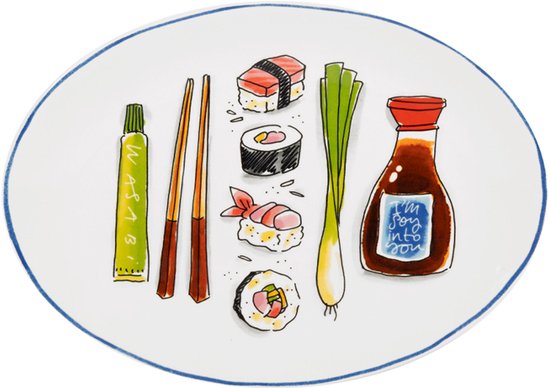 Ovaal wit serveerschaaltje met blauwe rand, met sushi, wasabi, sojasaus, lente-ui en eetstokjes illustraties.