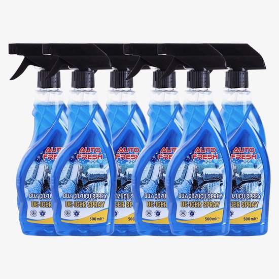 Zes flessen Autofresh ontdooispray (500ml) met zwarte spuitkop, transparante vloeistof.