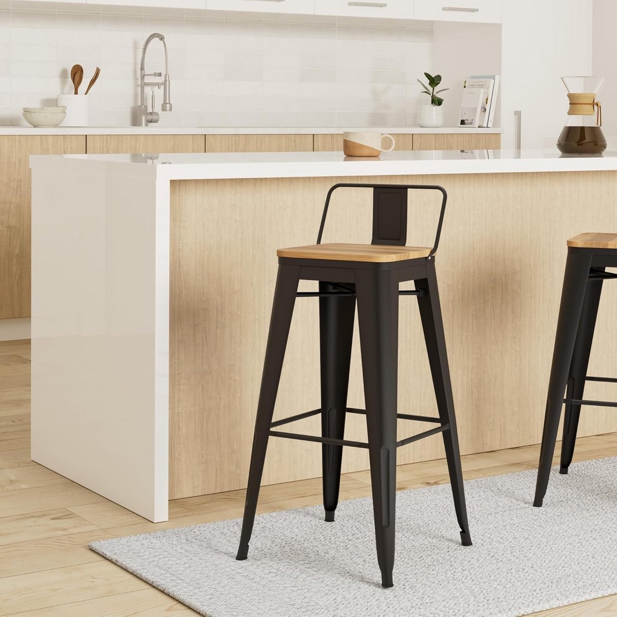 Set van 4 Barkrukken Metaal Zwart Industrieel Licht Hout 66 cm Hoog