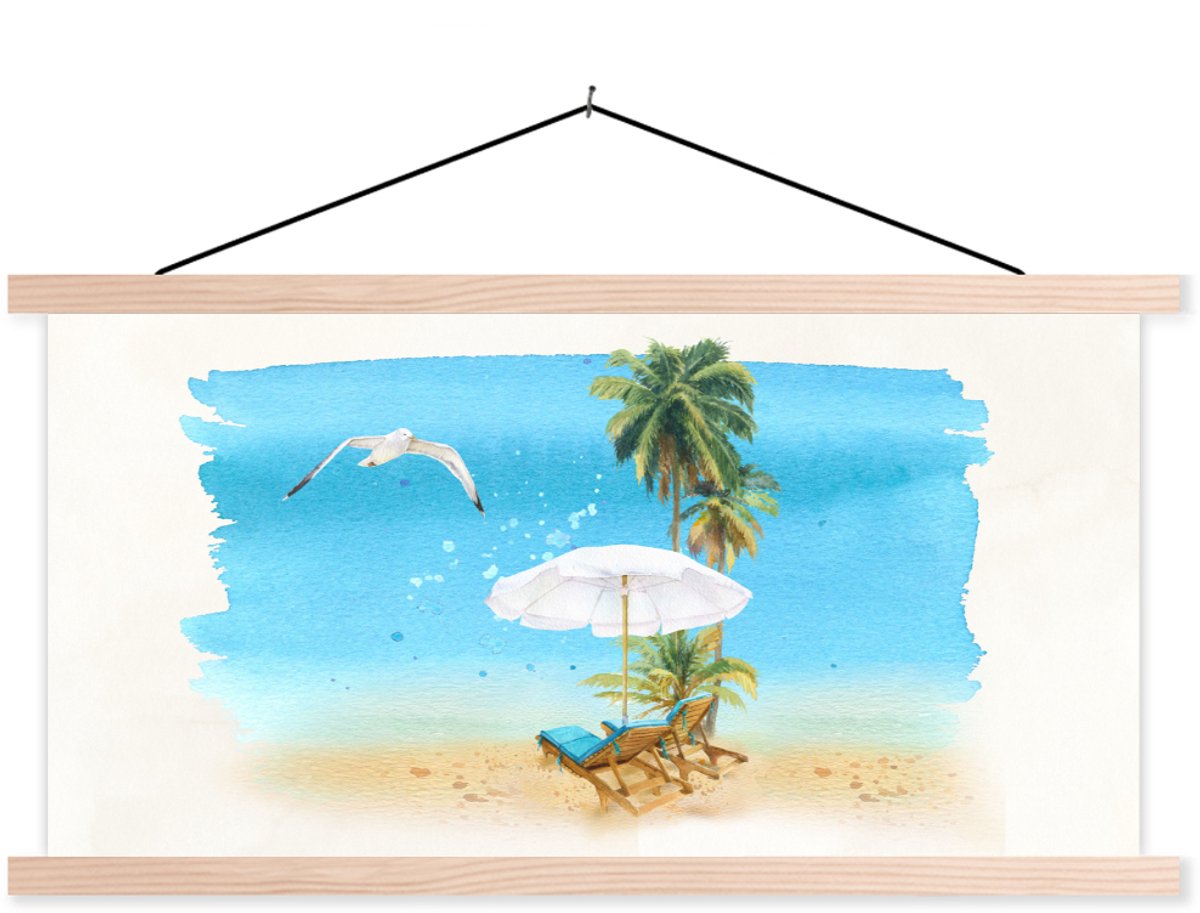 Posterhanger incl. Poster 120x60 cm - Schoolplaat - Strandstoel - Parasol - Vogel - Palm -