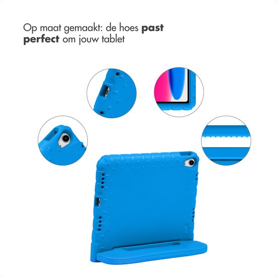Blauw tablet hoesje met ingebouwde standaard en drie inzetstukken die details tonen.