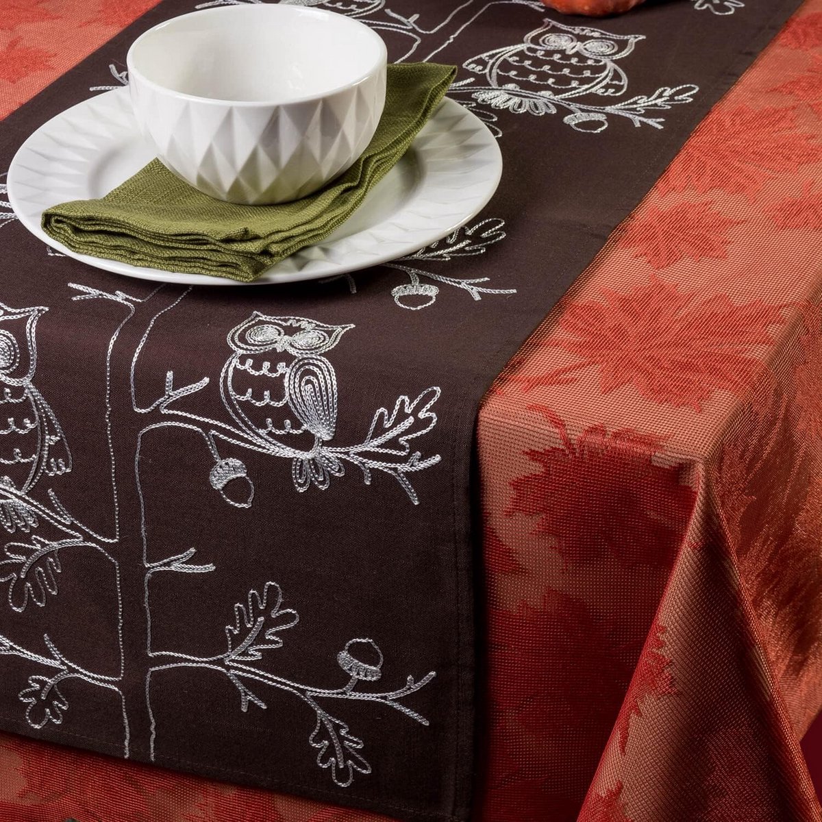 Polyester Tafelloper met Geborduurde Uilen - Herfst en Diner Decoratie