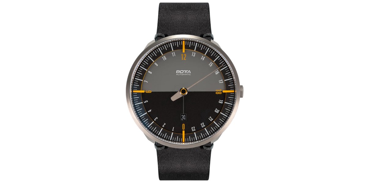 BOTTA Horloge UNO 24 Automatisch 24-uurs - Eenwijzer - Zwart-Oranje - Zwart Leren Band - 40 mm