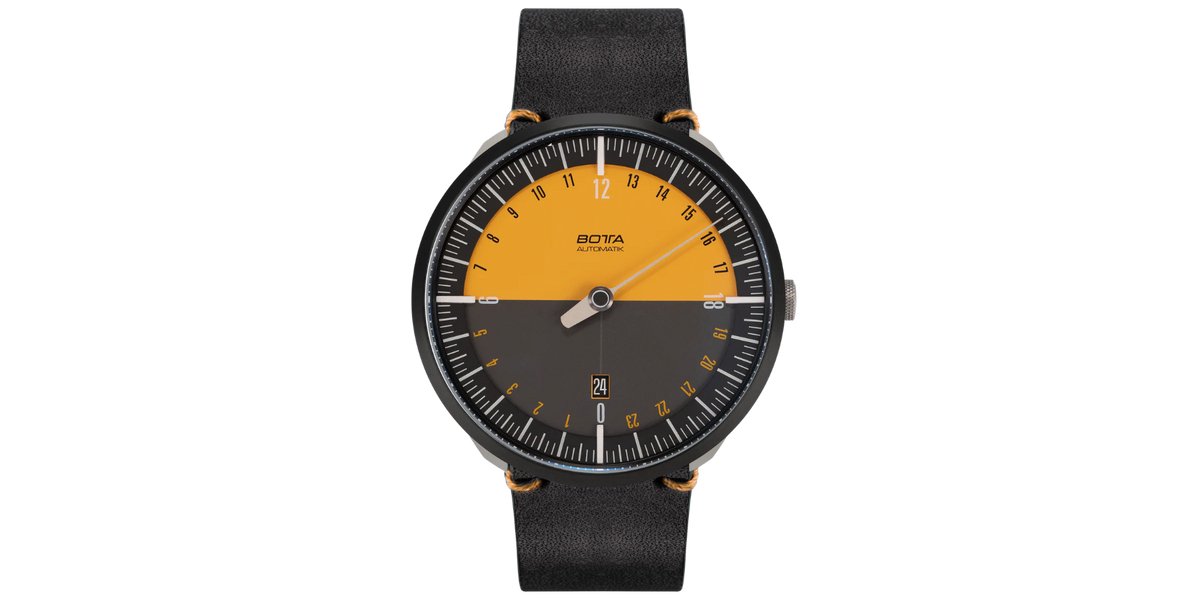 BOTTA Horloge UNO 24 Edition15 Automatisch 24-uurs - Eenwijzer - Black Edition - Zwart-Oranje (Peach) - Zwart Leren Band - 45 mm