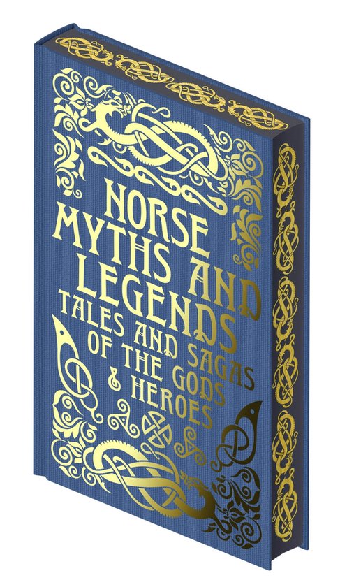 Blauwe hardback met gouden runen en de titel 'Norse Myths and Legends'.
