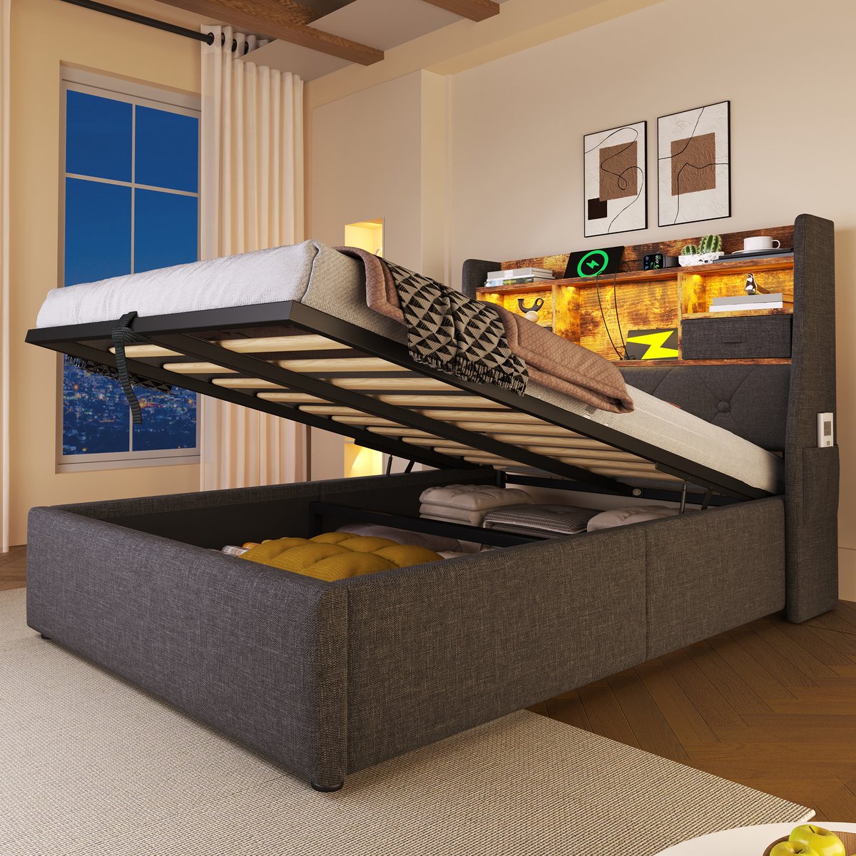 STILVORA Gestoffeerd Bed 90x200 cm – Met Hydraulische Opbergruimte & LED Hoofdeinde – 4 Laadpoorten (USB/Type-C) – Linnen – Grijs – Zonder Matras