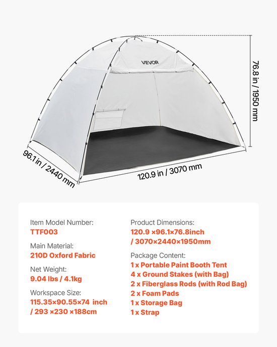 VEVOR Draagbare Spuitcabinetent (293x230x188 cm Werkoppervlak) Spuitcabinetent voor Spuitverven, Waterdichte Spuitcabine met Geïntegreerde Vloer en Oproldeur voor Kasten, Stoelen en Tafels van Merkloos — afbeelding 3