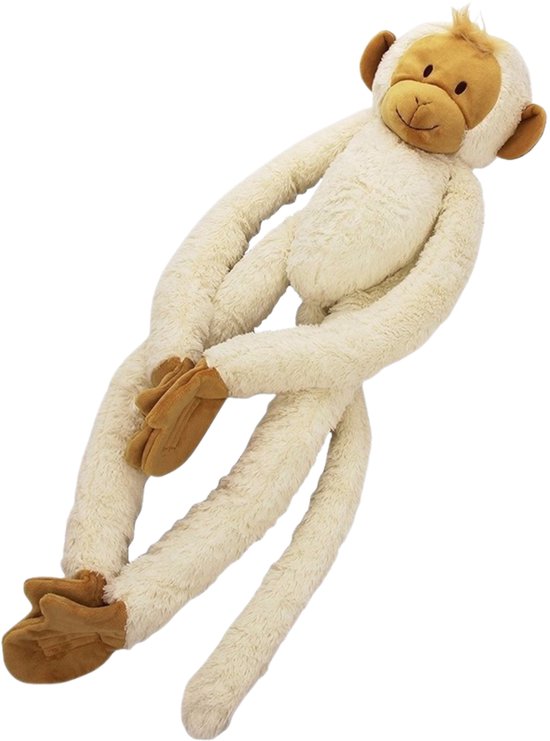 Witte aapknuffel met lange armen en benen, bruine oren en gezicht, bungelend.