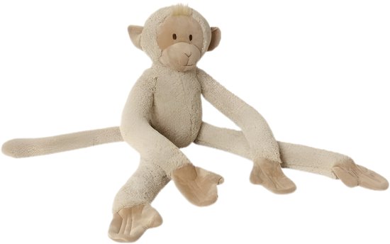 Beige knuffelaap zittend met lange benen en armen uitgestrekt.