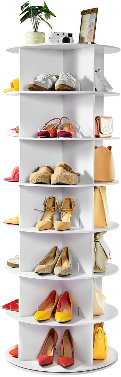 VEVOR Schoenenrek, Schoenenkast voor 28 Paar Schoenen (7 Lagen), 360° Draaibaar, Ruimtebesparende Schoenenopbergkast, Schoenenrek voor Slaapkamer, Woonkamer, Hal, Wit, 598 x 598 x 1620 mm