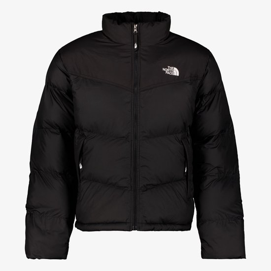 Zwarte The North Face jas, voorkant, met rits en logo.