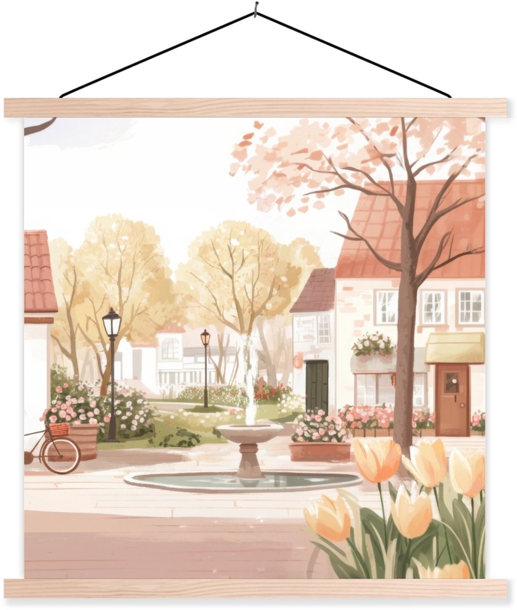Posterhanger incl. Poster 60x60 cm - Schoolplaat - Dorpsplein - Fontein - Tulpen - Textiel