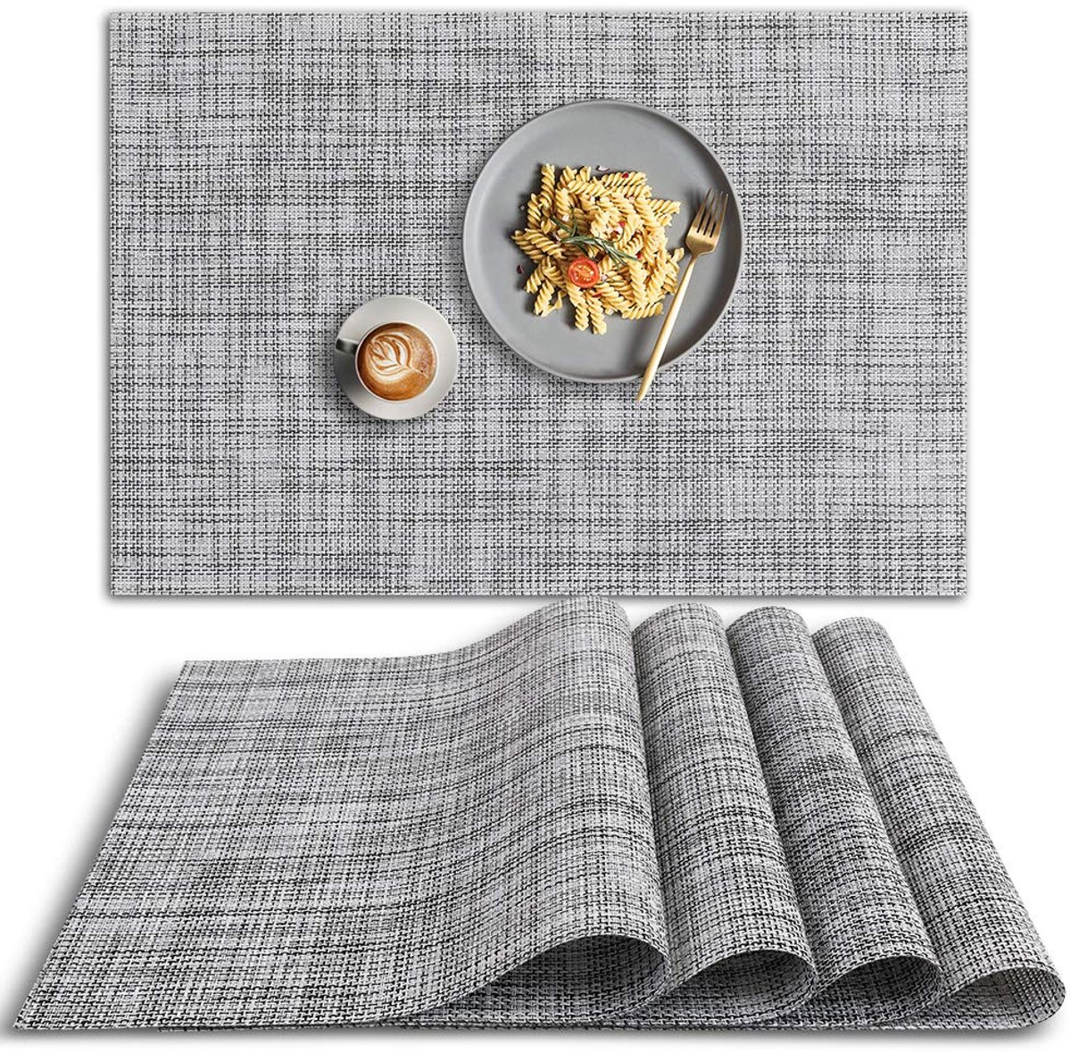 4 stuks - placemats - geweven tafelmatten - 30 x 45 cm - PVC placemats - geschikt voor theekopjes, borden en kookgerei - antislip en hittebestendig - warmte-isolerende matten - zwart en wit
