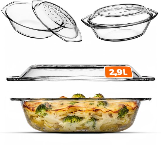 Foto: Kadax ovenschaal van hittebestendig glas ovenschaal met deksel en handgrepen klassieke glazen vorm transparant lasagne schaal ovenschalen ovaal 2 9 l 