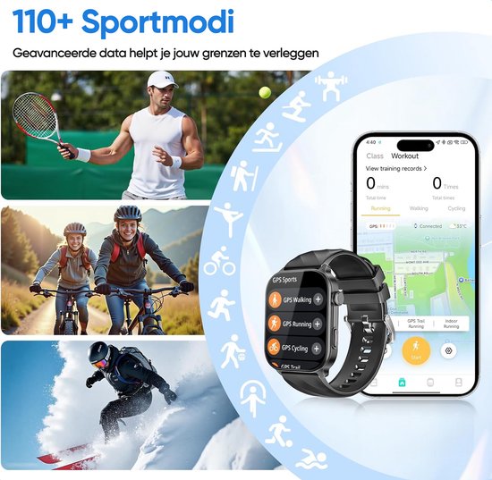 Smartwatch met GPS voor sportmodi. Afbeeldingen van tennis, fietsen, skiën en een sportoverzichtsscherm.