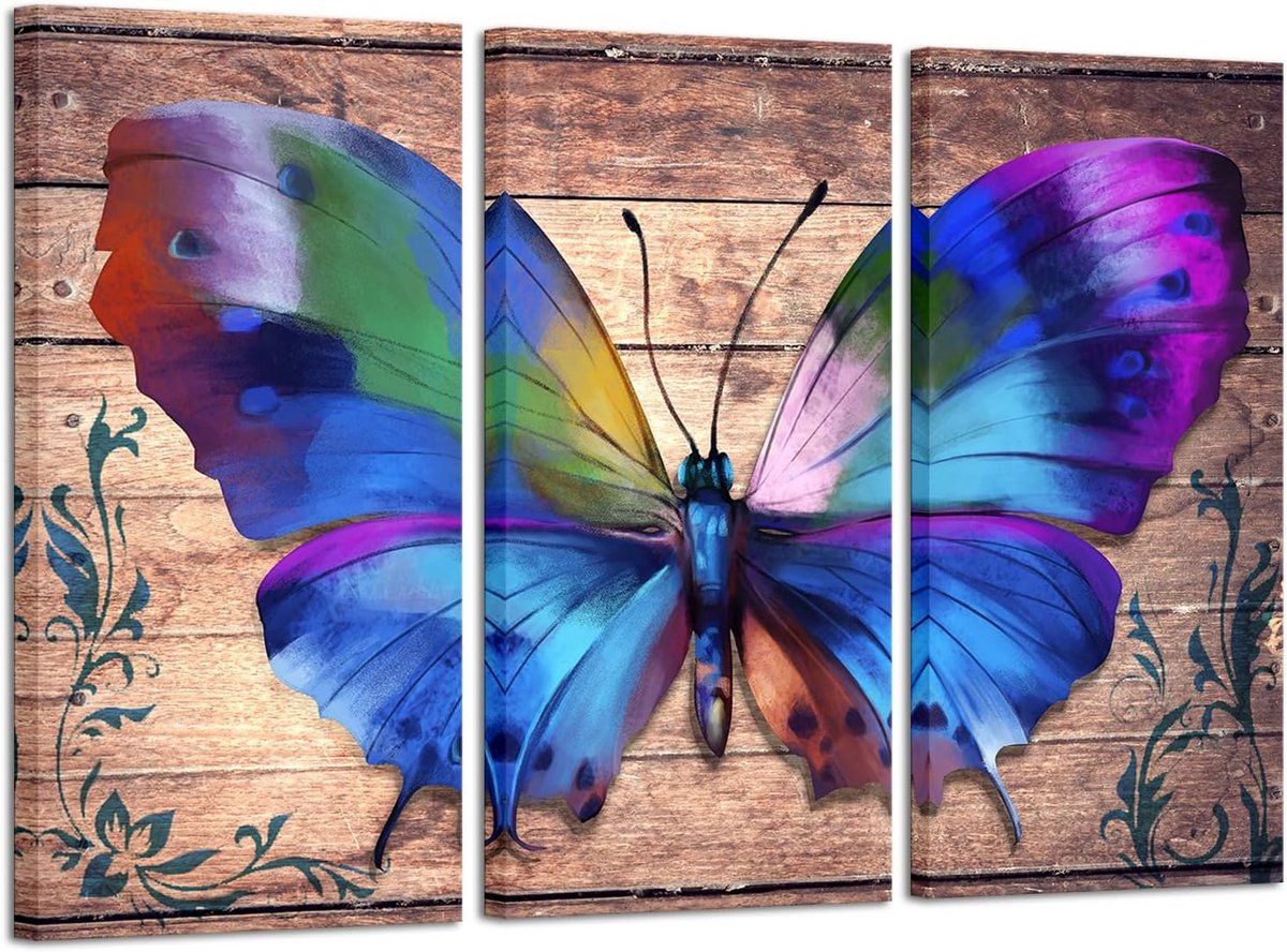 3-Delige Canvas Schilderij Set: Kleurrijke Vlinders op Houten Achtergrond - Abstract Botanisch Wanddecoratie voor Slaapkamer en Woonkamer