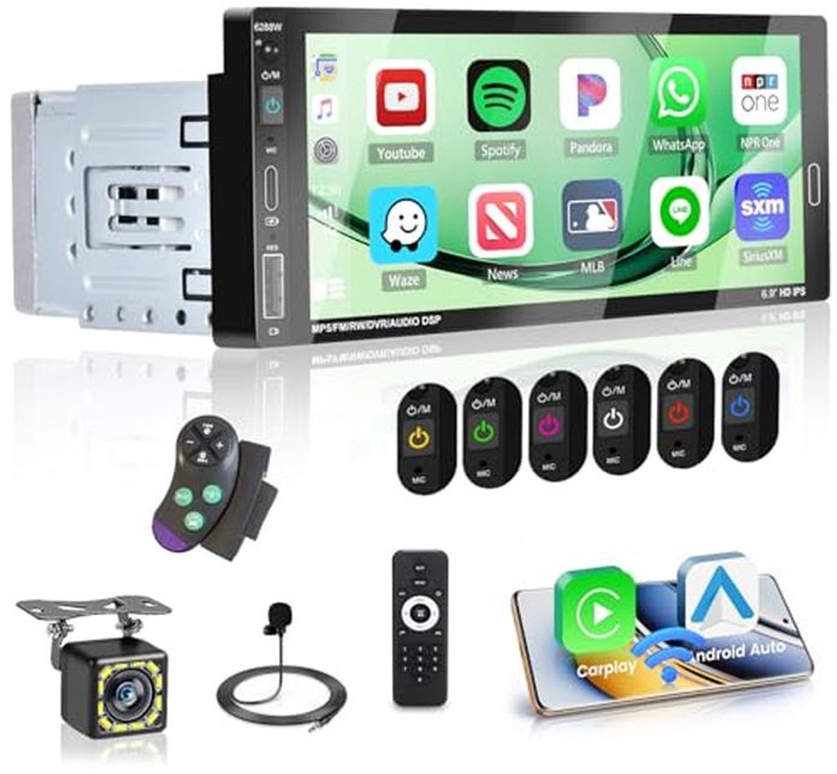 1 Din Autoradio met 6,9 Inch Aanraakscherm en Draadloze Carplay en Android Auto