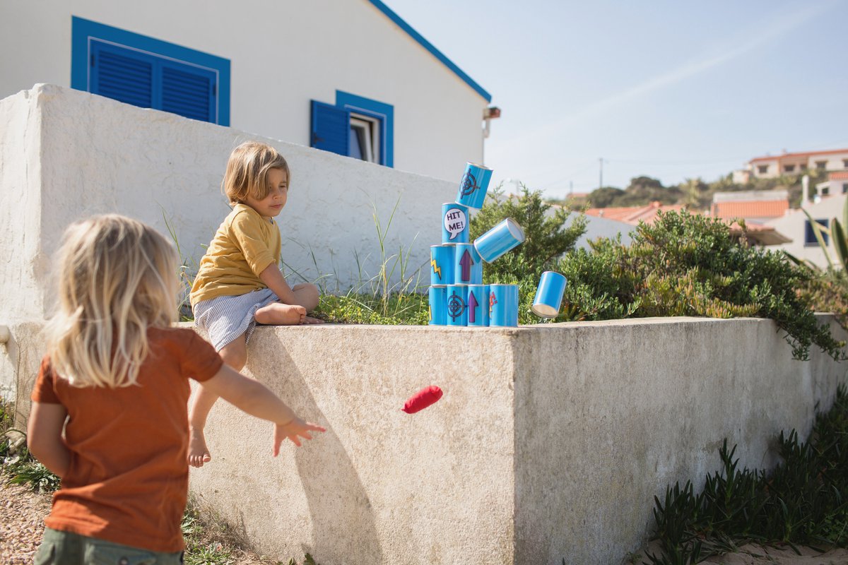 BS Toys Blikgooien Werpspel - Pittenzak Gooien - Kinderspeelgoed vanaf 3 Jaar - Buitenspeelgoed - 10 Blikken - Blauw - Spelletjes voor kinderen - Buiten speelgoed - Buitenspel - Buiten Spellen - Tuin Speelgoed - Cadeau kind — afbeelding 4