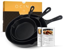 Ocina Gietijzeren Pannen Set voor BBQ en Inductie – 16cm – 19.5cm - 25cm – Koekenpan – Hapjespan -…
