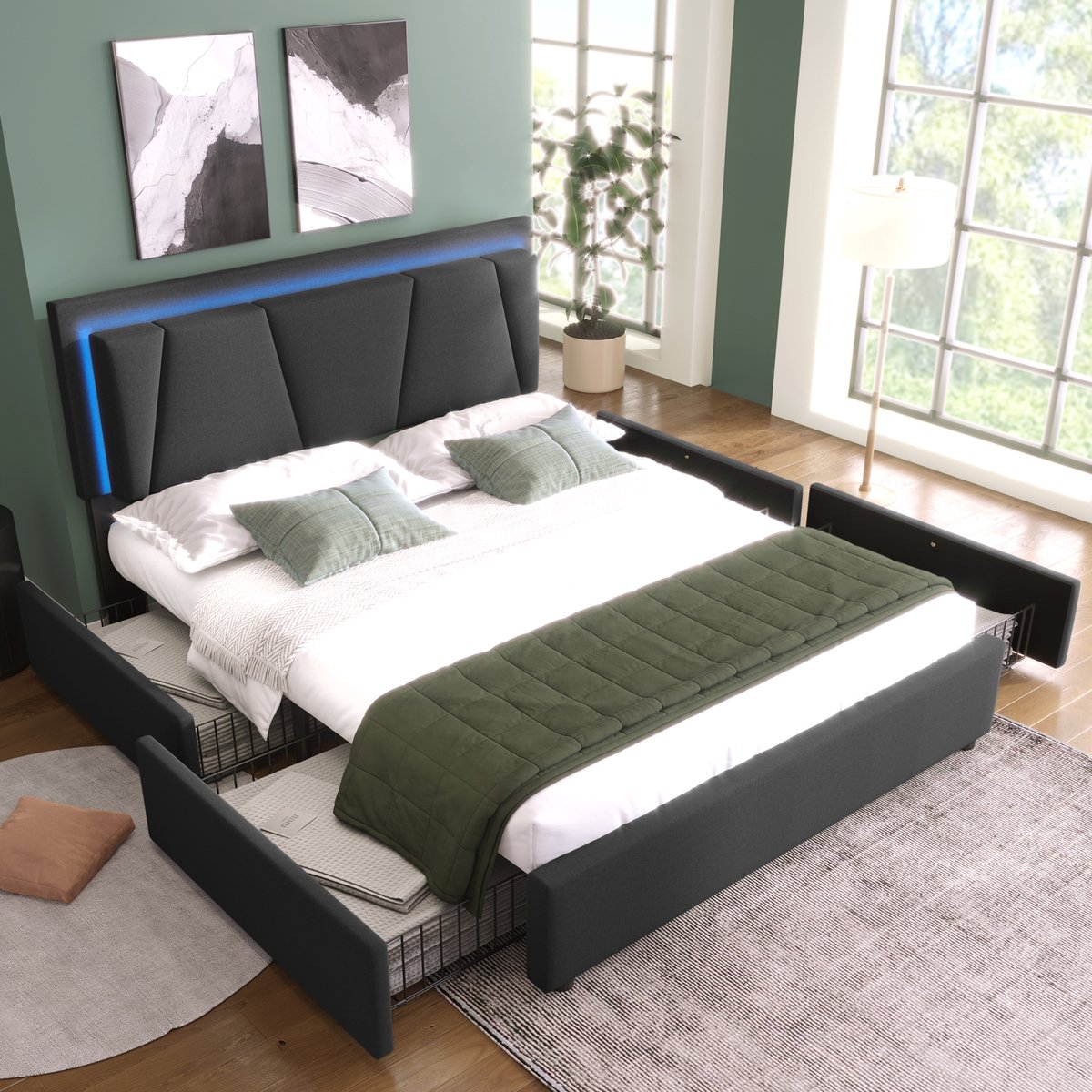 HAUSS SPOLE Gestoffeerd Bed 140x200cm - Tweepersoonsbed Met LED En 4 Lades - Verstelbaar Hoofdeinde ±10 cm - Hout/IJzer Frame - Grijs - Zonder matras
