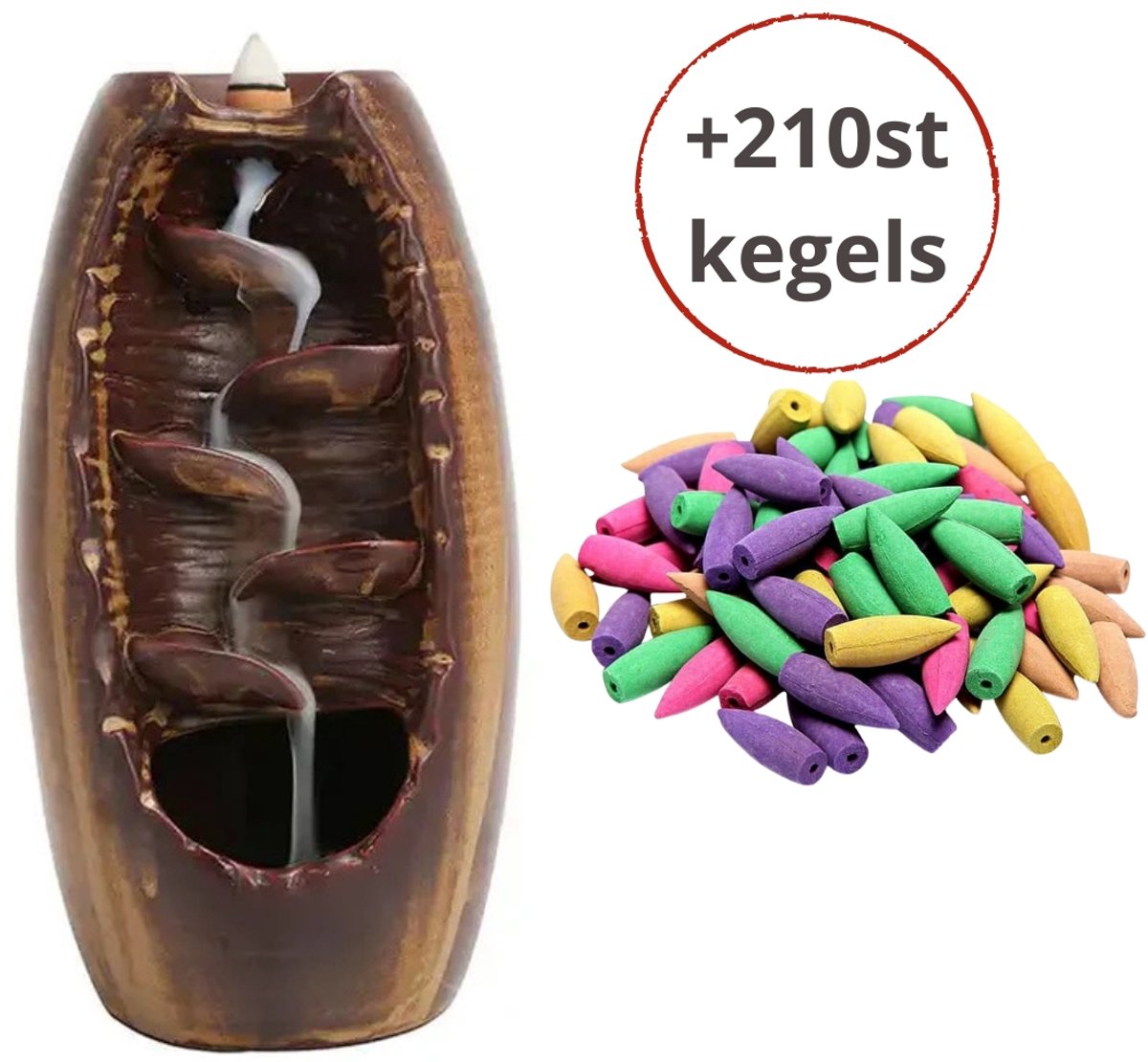 Combinatieset: Wierookhouder Waterval met 210 Kegels - Wierook Kegel Brander, Backflow en 210x Cones