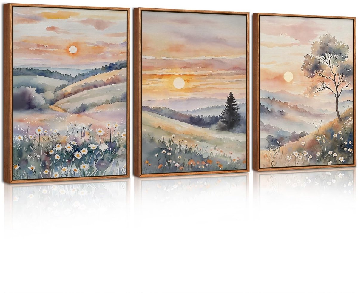 Unyqoos Set van drie aquarel canvasprints in boho stijl met zonsondergang en bloemen