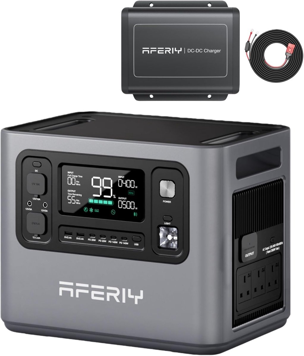AFERIY P280 draagbare powerstation met DC600 - uitbreidbare capaciteit van 2048 - 600W dynamo-lader - 6x sneller dan sigarettenaanstekerladers - compatibel met 95% van de zonnegeneratoren