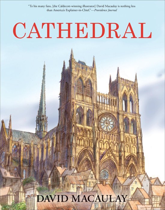 Livre 'Cathedral' de David Macaulay avec un dessin de l'imposante cathédrale de style gothique, entourée de maisons médiévales.