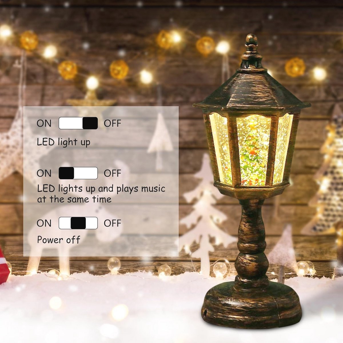 Vintage kerstlantaarn met sneeuwbol en muziek - Decoratieve kerstverlichting voor thuis – foto 4