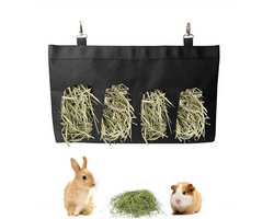 Hooivoerzak - Hooivoerzak voor konijnen - Hooivoerzak voor cavia's - Voerzak voor kleine dieren - Hangende voerzak -4-gats ontwerp - Hooiopbergzak - Voeropbergzak voor kleine dieren - Geschikt voor konijnen, chinchilla's en hamsters - Zwart