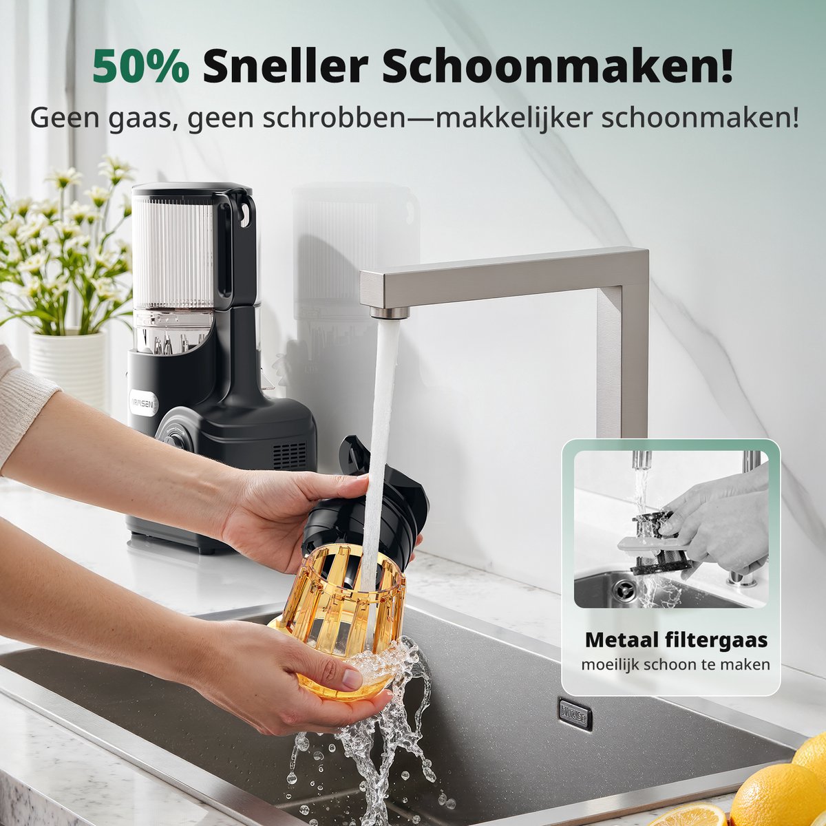 AIRMSEN Slowjuicer: Brede vulschacht, geen zeef, makkelijk schoon thumbnail 6
