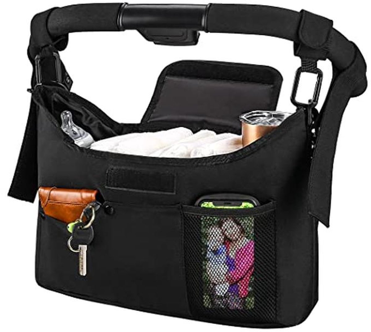 Multifunctionele Kinderwagen Organizer met Dubbele Bekerhouder en Schouderriem