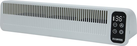 Witte radiatorventilator met een rooster aan de voorkant en een digitaal display met 'AUTO', timer en aan/uit-symbolen, in perspectief.