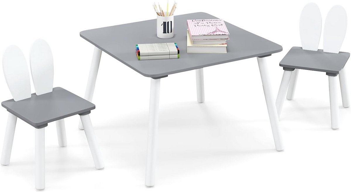 Houten Kindertafel met 2 Stoelen Set - Leuk Design met Oren - Perfect voor Kinderkamer en Speelhoek