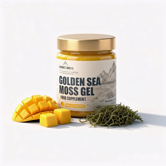 Een pot 'Golden Sea Moss Gel' mango smaak, met partjes mango en zeewier.