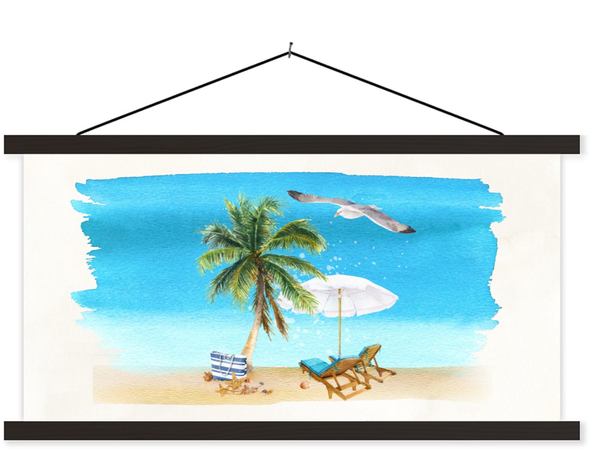 Posterhanger incl. Poster 120x60 cm - Schoolplaat - Strandstoel - Parasol - Vogel - Waterv