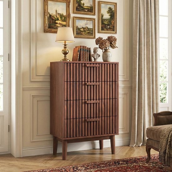 ADFBL ladekast met 6 laden - 60x34x91cm - Hoge ladekast in eikenkleur - Smalle kast met geribbelde constructie - Moderne stijl - Geschikt voor slaapkamer en woonkamer - Multifunctionele opbergkast