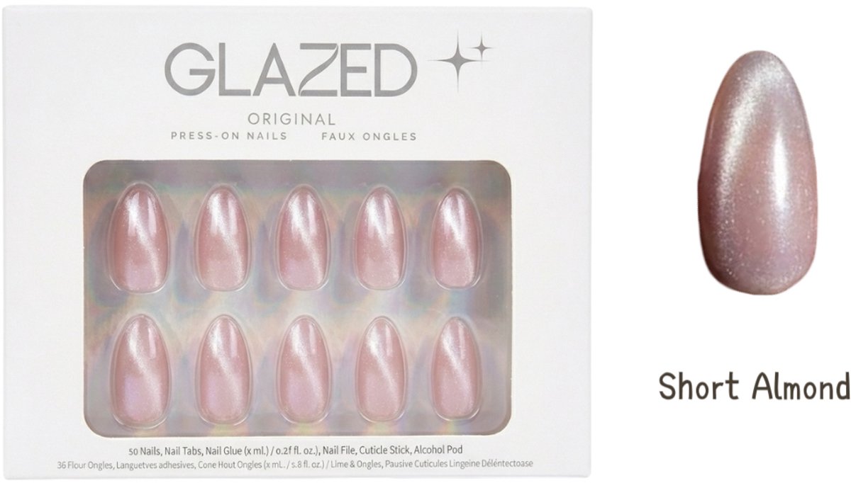 Glazed Original - Press On Nails - Rose Fairy - Cat Eye- Short Almond- 30 nagels