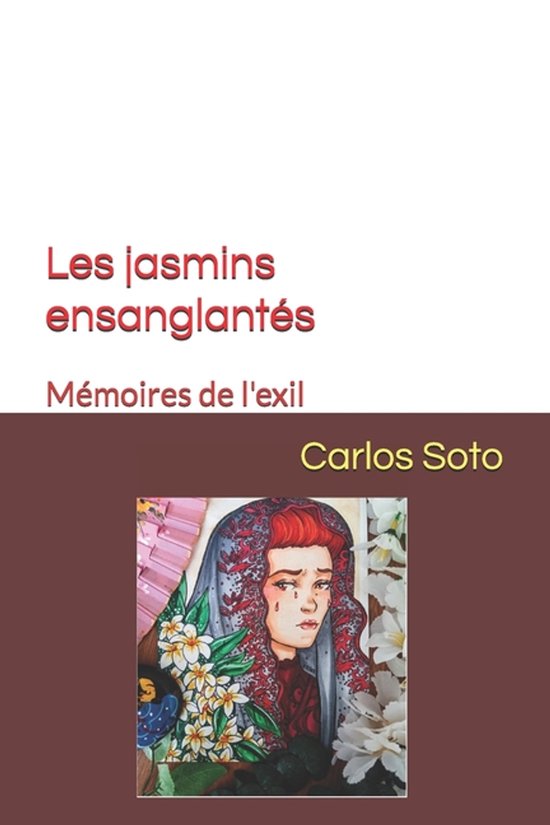 Livre 'Les jasmins ensanglantés' avec sur la couverture une illustration d'un visage aux cheveux roux, drapé dans un tissu rouge-gris, avec des fleurs de jasmin.