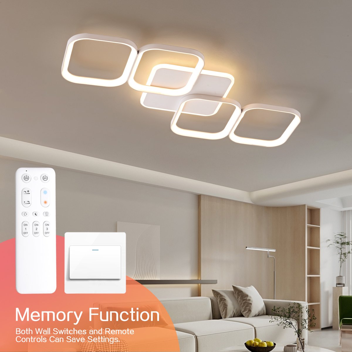 ANTENLICHT LED Plafondlamp - 4 LED Plafondlampen - LED Plafonniere - Dimbaar 3 staps - Met Afstandsbediening - 3000K-6500K - 5600LM - 50W - Wit