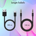 Twee zwarte kabels met USB-A naar USB-C en 3.5mm jack. Lengtes 100cm en 150cm.