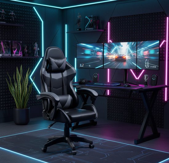 Gaming Bureaustoel Ergonomisch - Verstelbare Armleuningen, Kantelbaar & 360° Draaibaar, Hoofdsteun + Lendenkussen, Luxe Kunstleer, 150kg Draagkracht - Grijs/Zwart - House&Garden van Merkloos — afbeelding 5